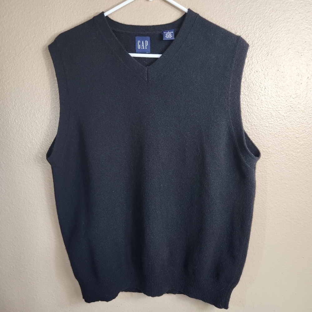 Gap Vintage Mens |L| Black 100% Lambswool Knit V-Neck Vest